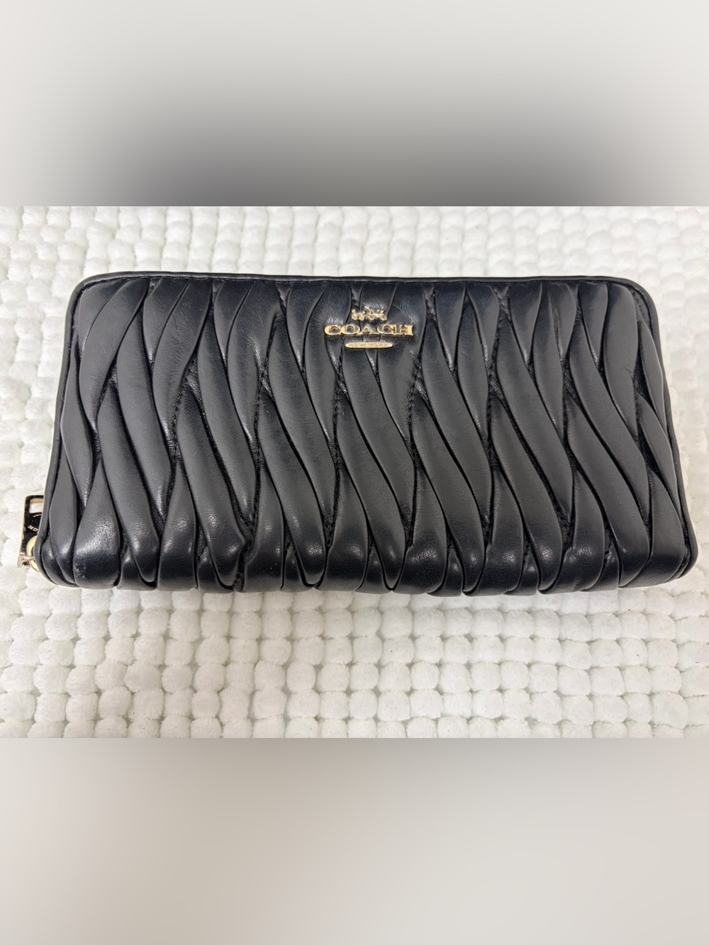 Coach Black Quilted Wave Zip Wallet with Gold Hardware